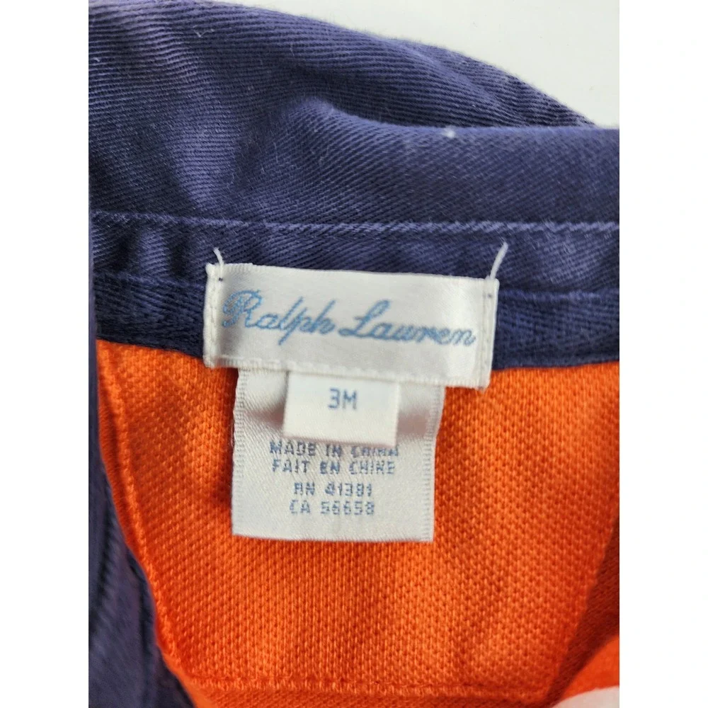 Ralph Lauren Baby Boy Orange Big Pony Polo Shirt Navy Blue Trim Size 3M